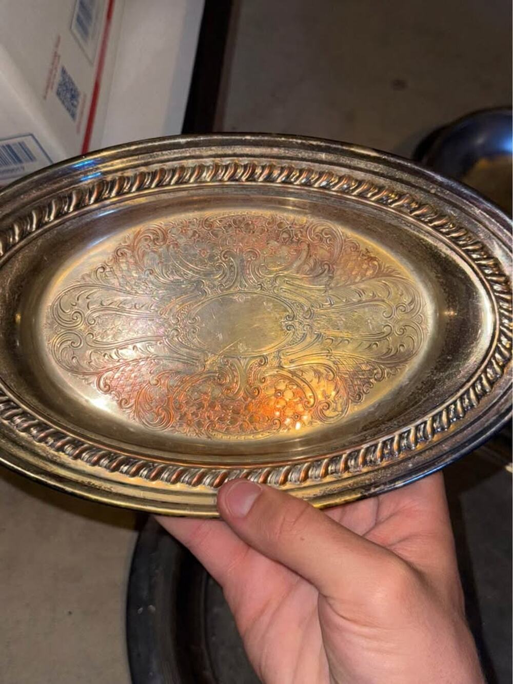 Vintage Silver Plate On Copper Oval Serving Dish / Tray, Eagle in Shield Makers